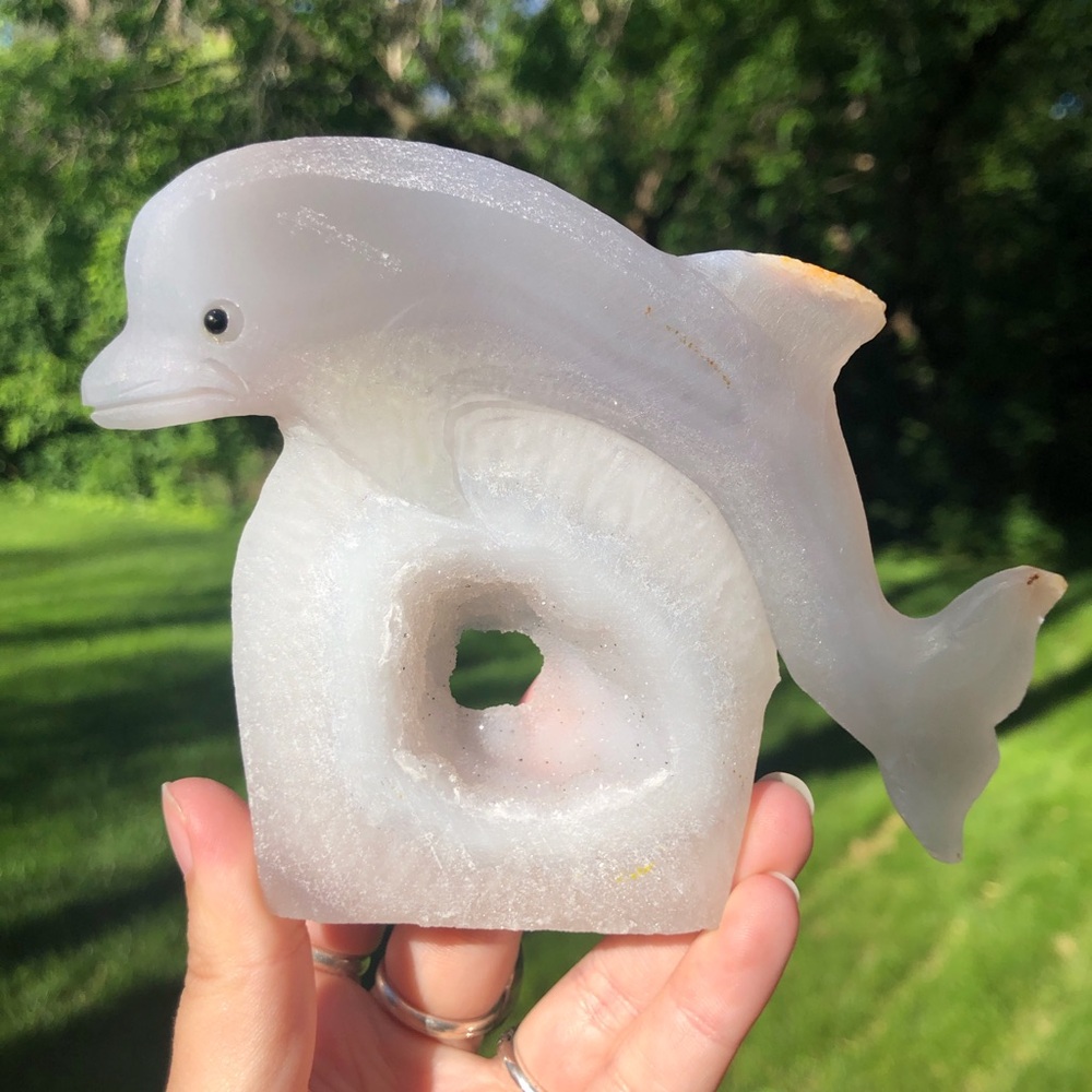 Druzy agate dolphin carving